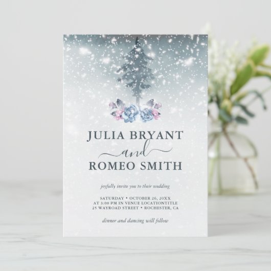 Winter Wedding Blue Pine Tree Einladung (Stehend Vorderseite)