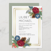 Winter Wedding Burgundy Aquamarin Blue Modern Einladung (Vorne/Hinten)