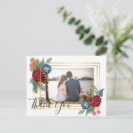 Winter Wedding Burgundy Aquamarin Blue Modern Postkarte (Stehend Vorderseite)