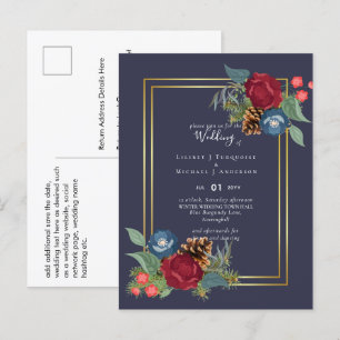 Winter Wedding Burgundy Aquamarin Blue Modern Postkarte