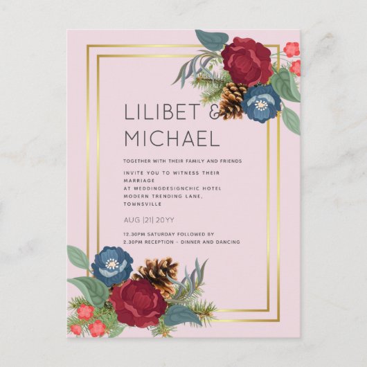 Winter Wedding Burgundy Aquamarin Blue Modern Postkarte (Vorderseite)