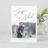 Winter Wedding Dusty Blue Foto Script Save The Date (Stehend Vorderseite)