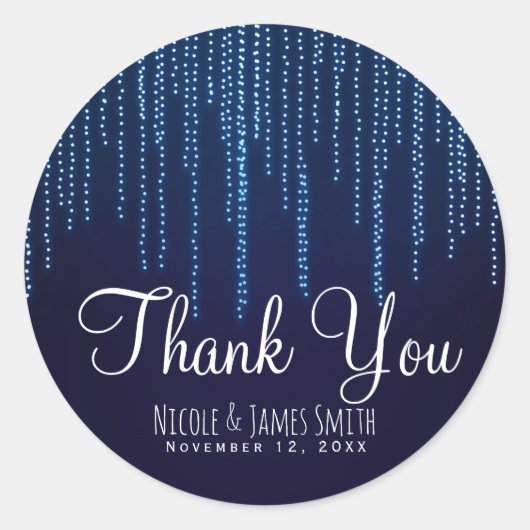 Winter Wedding Elegante Blue Sparkle String Lights Runder Aufkleber (Vorderseite)