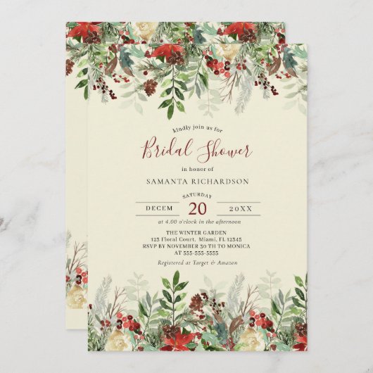 Winter Wedding Floral Berry Brautparty Einladung (Vorne/Hinten)