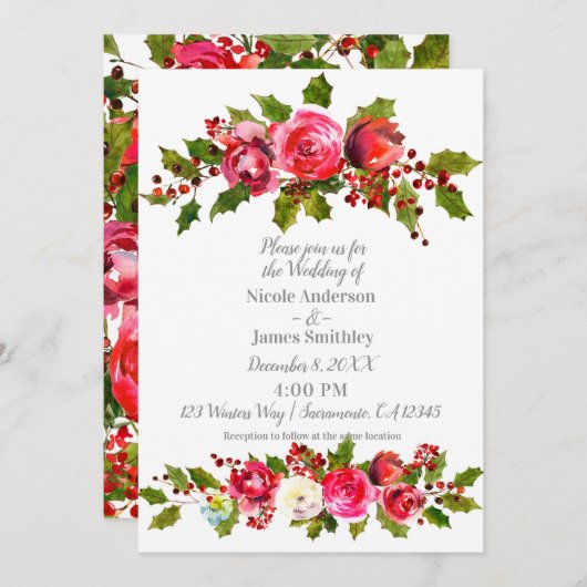 Winter Wedding Floral Holly Berry Blätter Holiday Einladung (Vorne/Hinten)