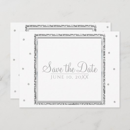 Winter Wedding Glam Silver & White Save the Date Ankündigungspostkarte (Vorne/Hinten)