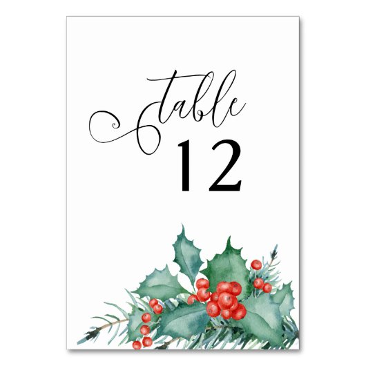 Winter Wedding Holly Berries and Pine Tischnummer (Rückseite)