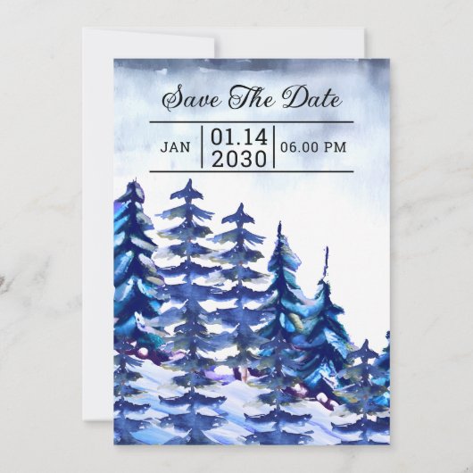 Winter Wedding Invitation Card Mountain Trees Desi Einladung (Rückseite)