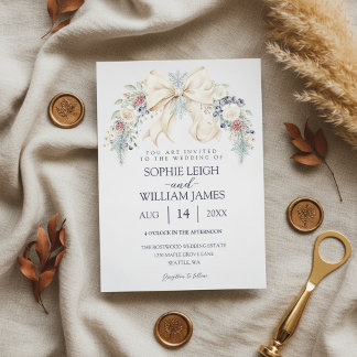 Winter Wedding Invitation with Cream Bow and Flora Einladung