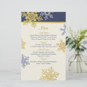 Winter Wedding Menu Card für Navy Blue Gold Snowfl (Stehend Vorderseite)