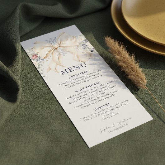 Winter Wedding Menu – Cream, Bow & Floral Menükarte