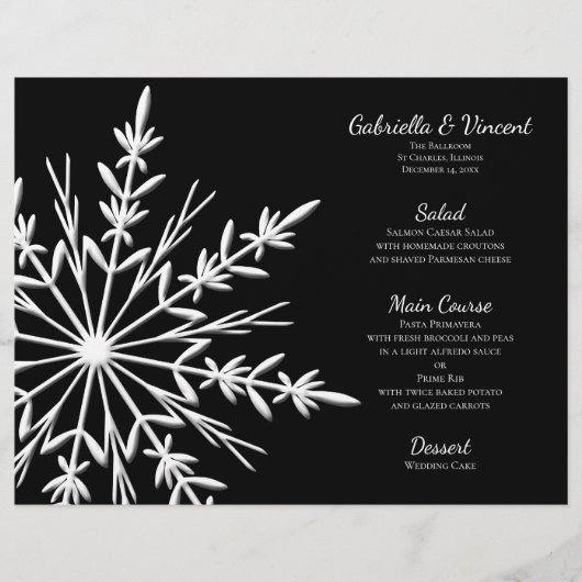 Winter Wedding Menu mit Schwarz und Weiß Snowflake (Vorderseite)