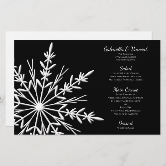 Winter Wedding Menu mit Schwarz und Weiß Snowflake (Vorne/Hinten)