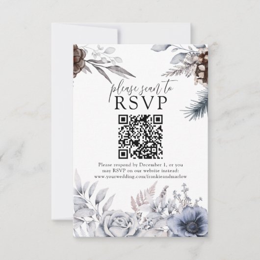Winter Wedding Pine Cone QR Website RSVP Card (Vorderseite)