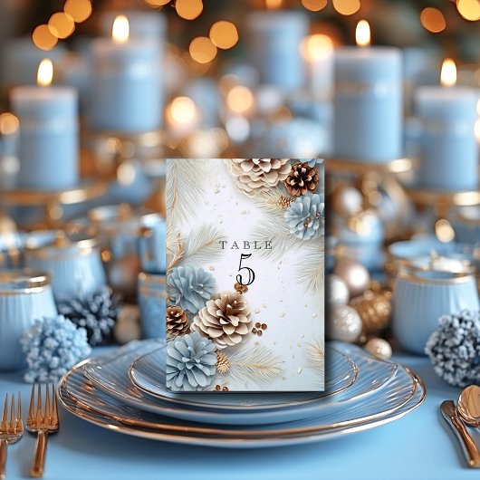 Winter Wedding Pine Cones Modern Blue Brown White Tischnummer