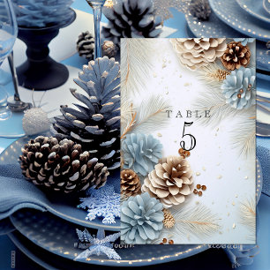 Winter Wedding Pine Cones Modern Blue Brown White Tischnummer