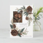 Winter Wedding Pine Cones Pine Needles Save The Date (Stehend Vorderseite)