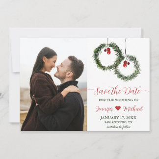 Winter Wedding Pine Wreath Holly Berries Foto Save The Date