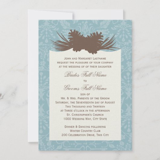Winter Wedding Pinecones und Damask Einladung (Vorderseite)