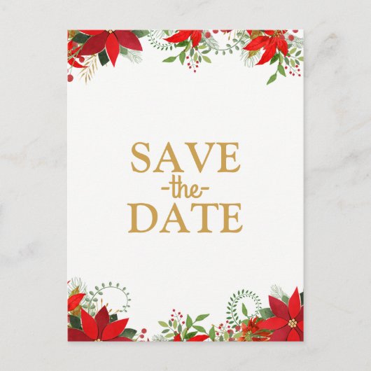 Winter Wedding Poinsettia Urlaub Save the Date Ankündigungspostkarte (Vorderseite)