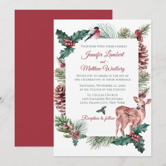 Winter Wedding Red Christmas Rentier Deer Floral Einladung (Vorne/Hinten)