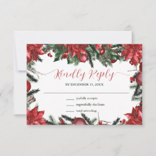 Winter Wedding Red Poinsettia Pine Greenery RSVP Karte