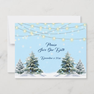 Winter Wedding String Lights Snow Covered Trees Save The Date