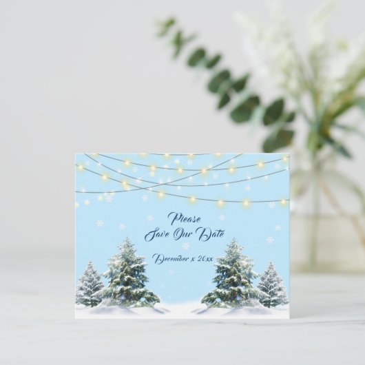 Winter Wedding String Lights Snow Covered Trees Save The Date (Stehend Vorderseite)