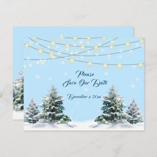 Winter Wedding String Lights Snow Covered Trees Save The Date (Vorne/Hinten)