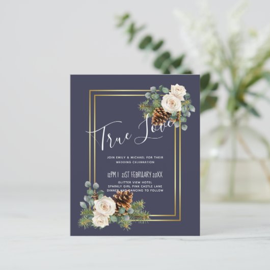 Winter Wedding White Roses Gold Dusty Blue (Stehend Vorderseite)
