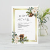 Winter Wedding White Roses Gold Dusty Blue Einladung (Stehend Vorderseite)