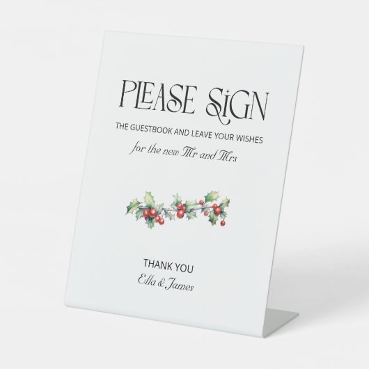 Winter Wedly Holly und Berries Gästebuchzeichen Sockelschild (Vorderseite)