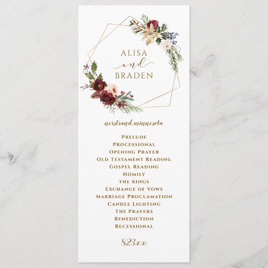 Winter Weihnachten Hochzeit Burgund Watercolor Boh Programm (Vorderseite)