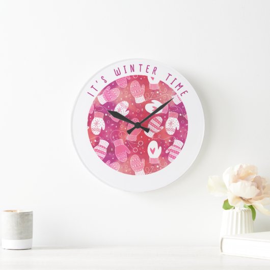 Winter Weihnachten Mittens Muster in Rosa Große Wanduhr (Zuhause)