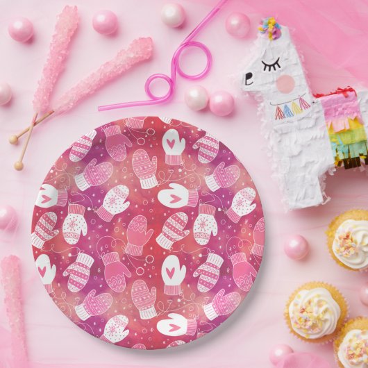 Winter Weihnachten Mittens Muster in Rosa Pappteller (Party)