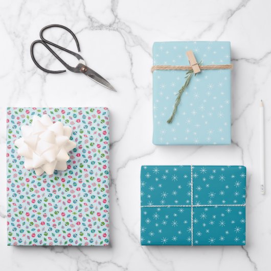 Winter Weihnachten Retro Inspiriert Blue Patterns Geschenkpapier Set (Vorderseite)
