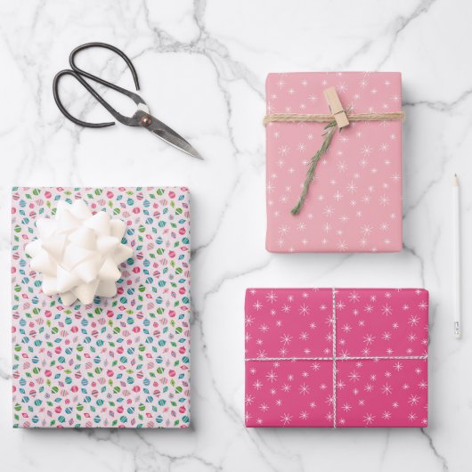 Winter Weihnachten Retro Inspiriert rosa Muster Geschenkpapier Set (Vorderseite)