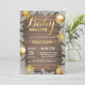 Winter Weihnachten Rustikale Gold Baby Dusche Einladung (Stehend Vorderseite)