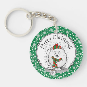 Winter Weihnachten Spitz (weiß) Hund Niedlicher Sc Schlüsselanhänger