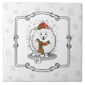 Winter Weihnachten Spitz (weiß) Hunde Scarf Schnee Fliese (Vorderseite)