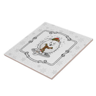 Winter Weihnachten Spitz (weiß) Hunde Scarf Schnee Fliese