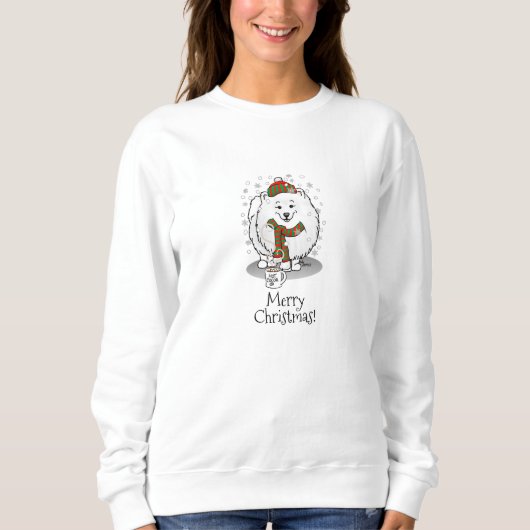 Winter Weihnachten Spitz (weiß) Hunde Scarf Schnee Sweatshirt (Vorderseite)