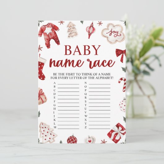 Winter Weihnachts Baby Name Race Baby Showspiel Einladung (Stehend Vorderseite)