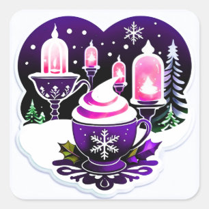 Winter-Weihnachts-Hot-Chocolate-Tasse mit Laternen Quadratischer Aufkleber