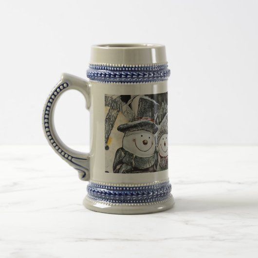 Winter, Weihnachts-Schneemann und Schneefrau zeich Bierglas (Links)