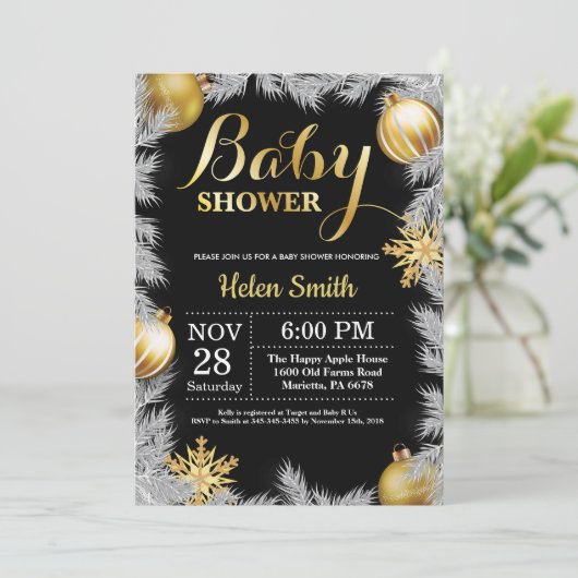 Winter-Weihnachts-Schwarz-Gold-Baby-Dusche Einladung (Stehend Vorderseite)