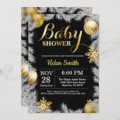 Winter-Weihnachts-Schwarz-Gold-Baby-Dusche Einladung (Vorne/Hinten)
