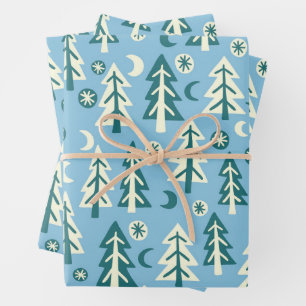 Winter-Weihnachtsblau-Grüne-Bäume-Muster-Geschenk Geschenkpapier Set
