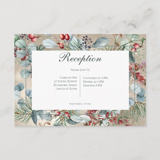 Winter Weihnachtsgrün Gold Empfang Hochzeit Begleitkarte (Vorderseite)