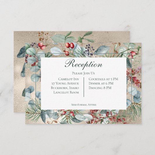 Winter Weihnachtsgrün Gold Empfang Hochzeit Begleitkarte (Vorne/Hinten)